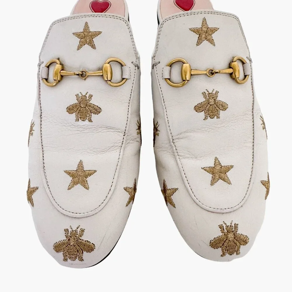 Gucci Princetown Horsebit Loafer Mule EU 37 US 7 White Bee Star Embroidered
